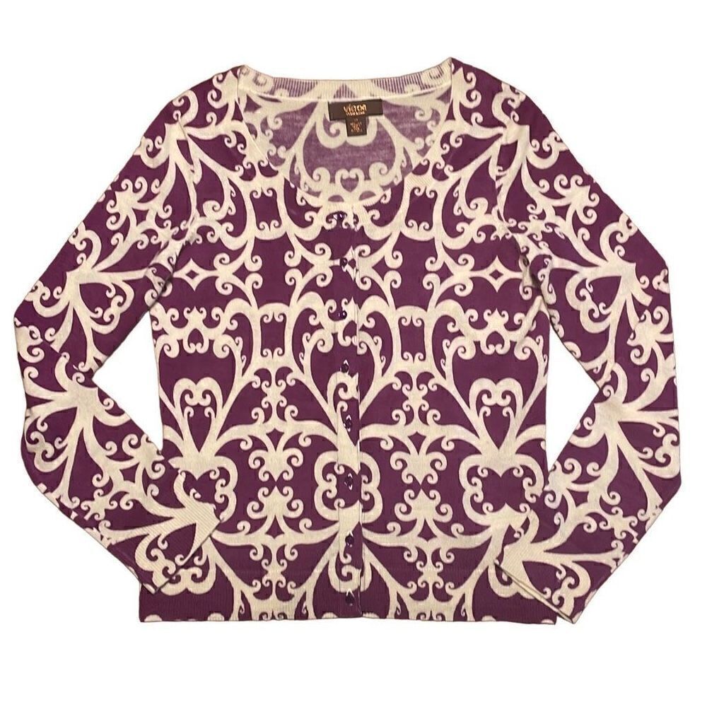Victor Alfaro wool purple & white button front scoop neck cardigan M